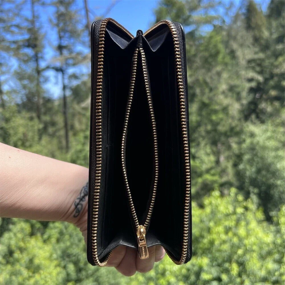 COACH Long Zip-Around Wallet Smooth Black Calf Leather w Gold Hardware AUTHENTIC